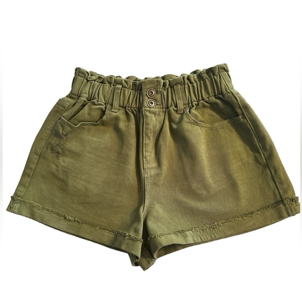 A Loves A Army Green High Waisted Raw Hem Rolled Hem Cotton Shorts
